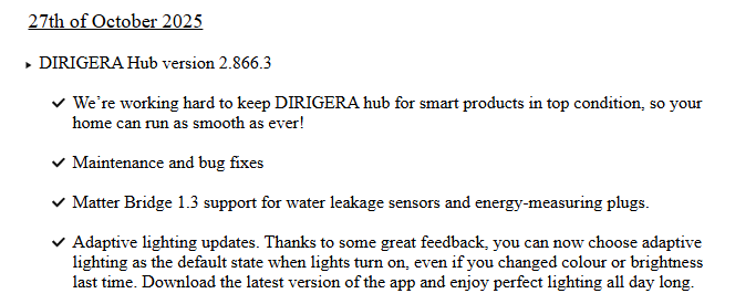 The release notes for IKEA Dirigera Hub version 2.866.3. (Image source: IKEA)