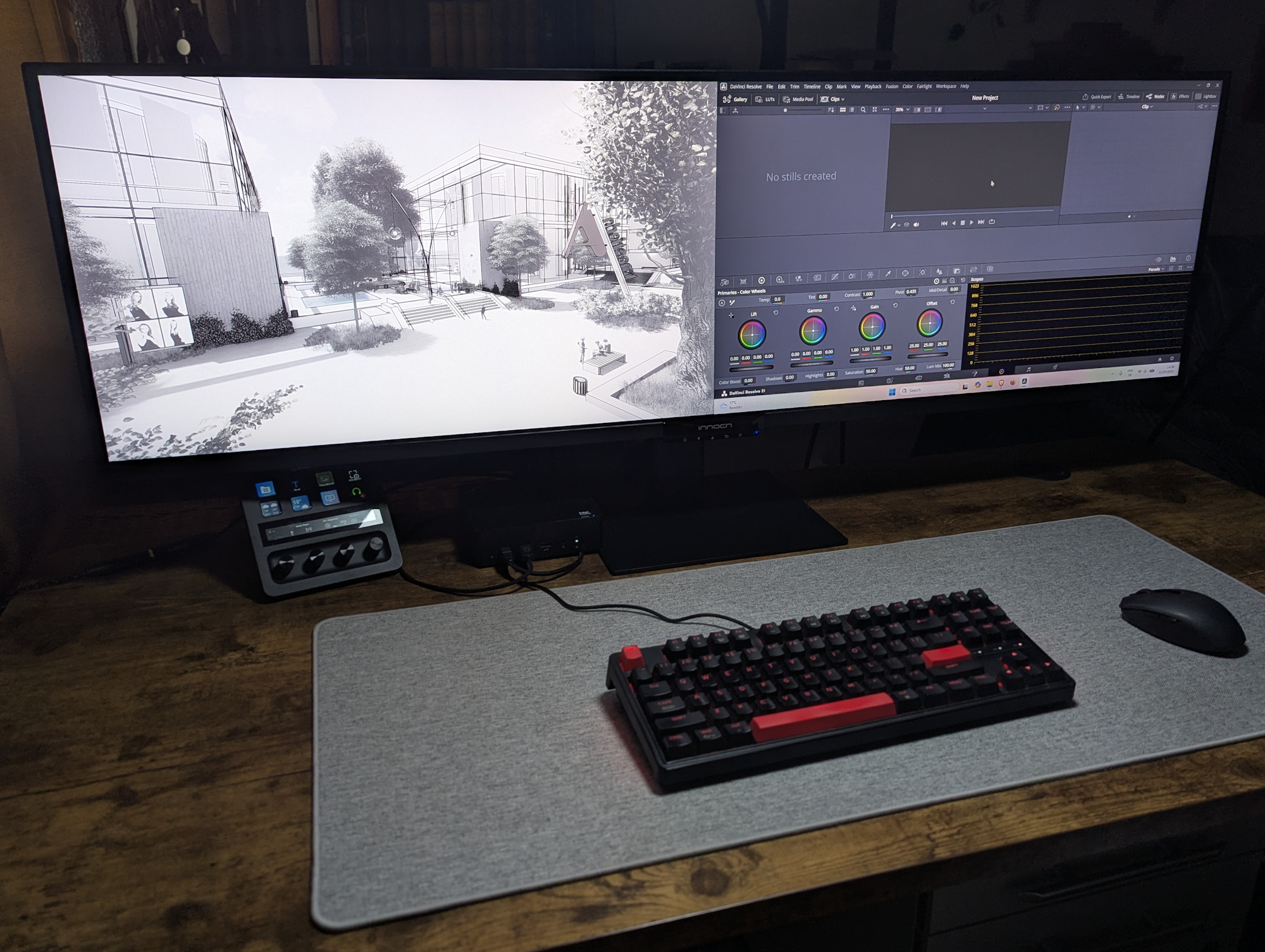 The Innocn E49M1R displays a technical drawing on the left and DaVinci Resolve on the right.
