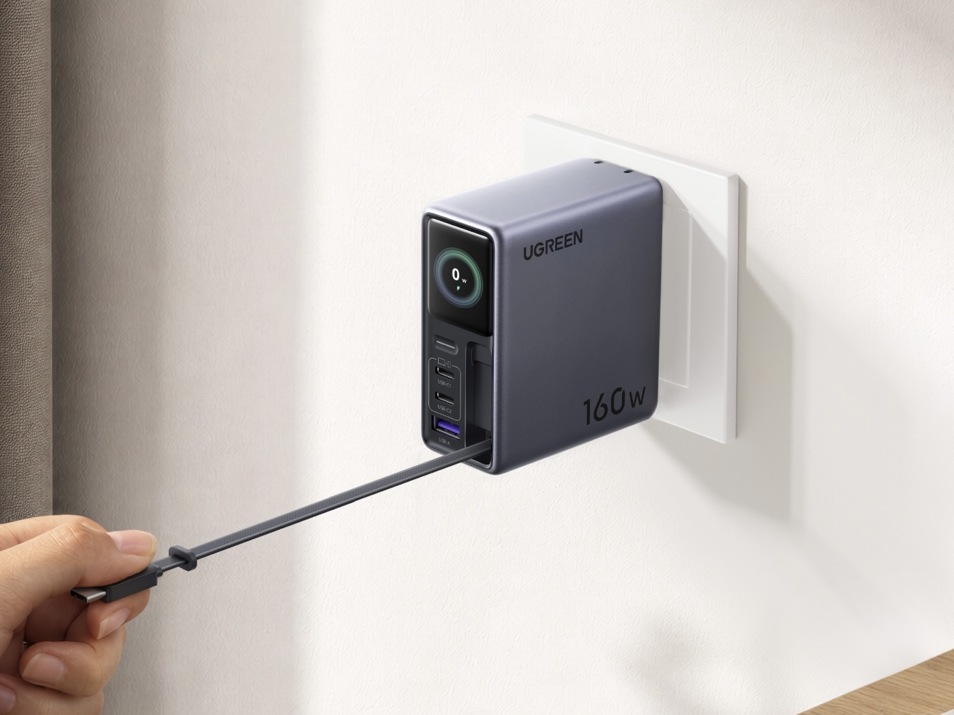 Ugreen launches new 160 W fast GaN charger with WiFi, built-in cable and display