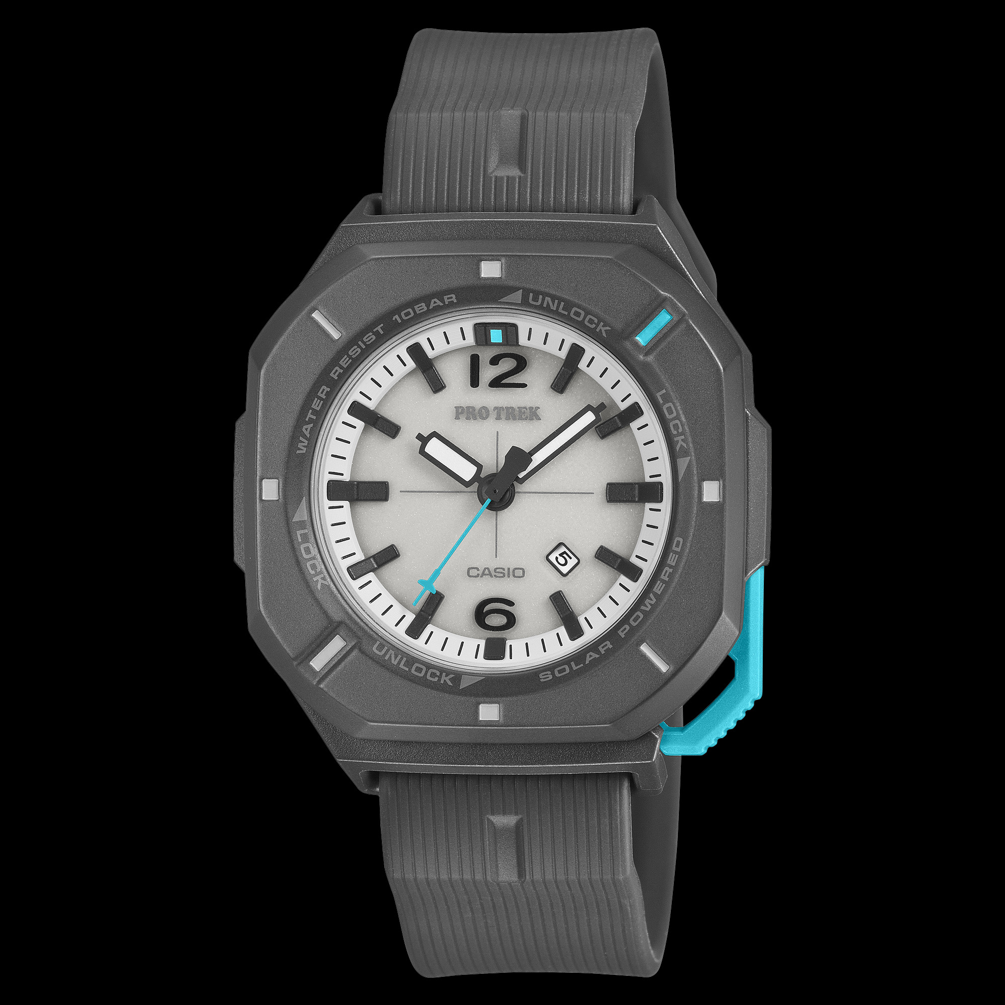 Image: Casio PRJ-01AE-8 product image. Alt text: gray Casio Pro Trek PRJ-01AE-8 analog watch with white dial and teal accent.