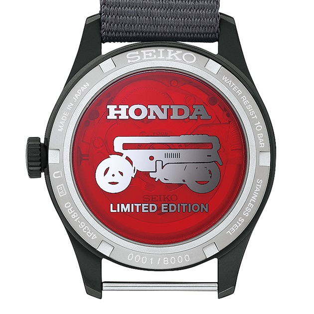 Rear view of the Seiko 5 Sports Field x Honda Motocompo Limited Edition showing the transparent case back with a Motocompo silhouette and engraved serial number.