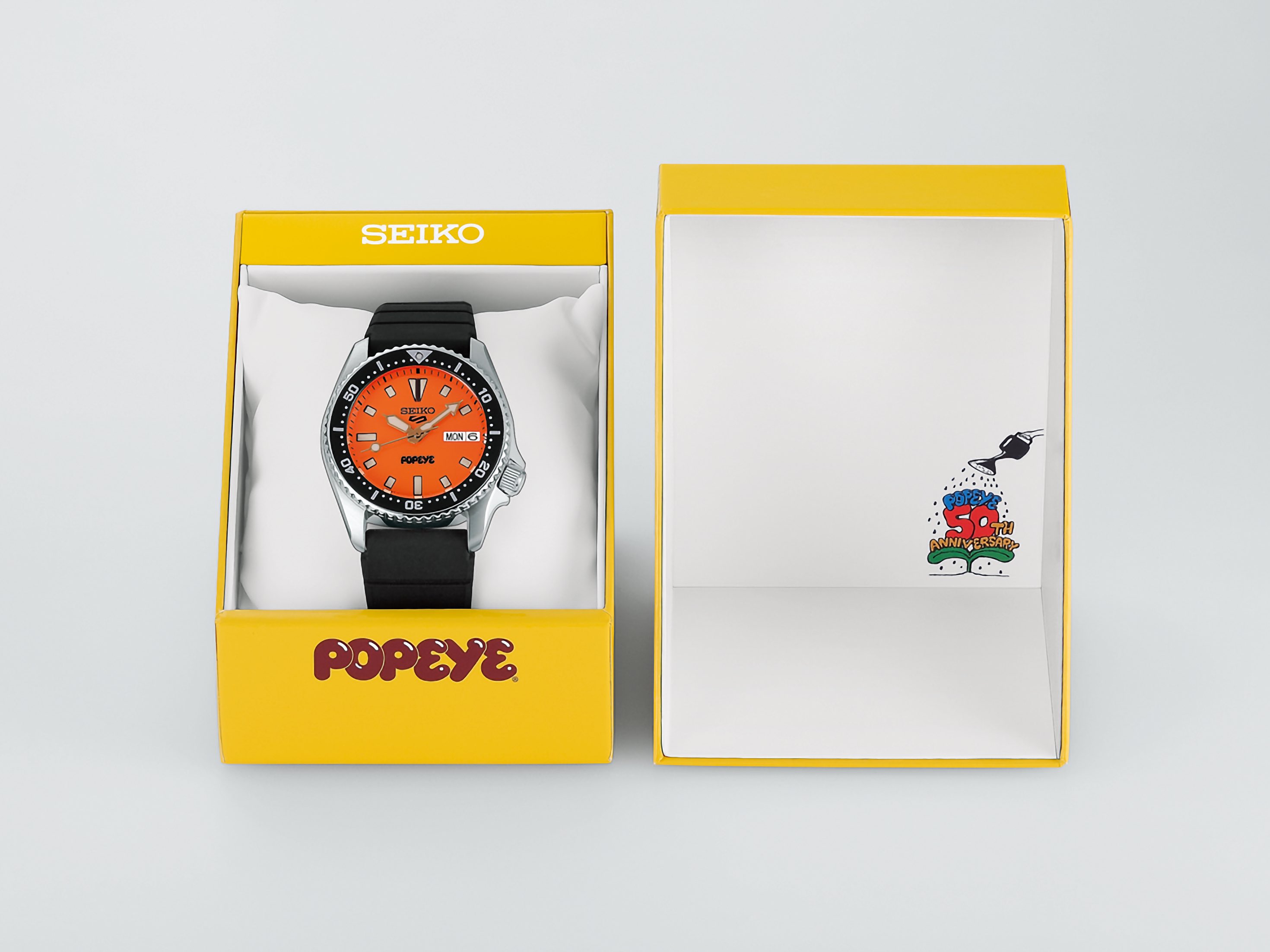 New Seiko 5 Sports x Popeye limited-edition automatic watch arrives with an orange dial and 4R34 caliber