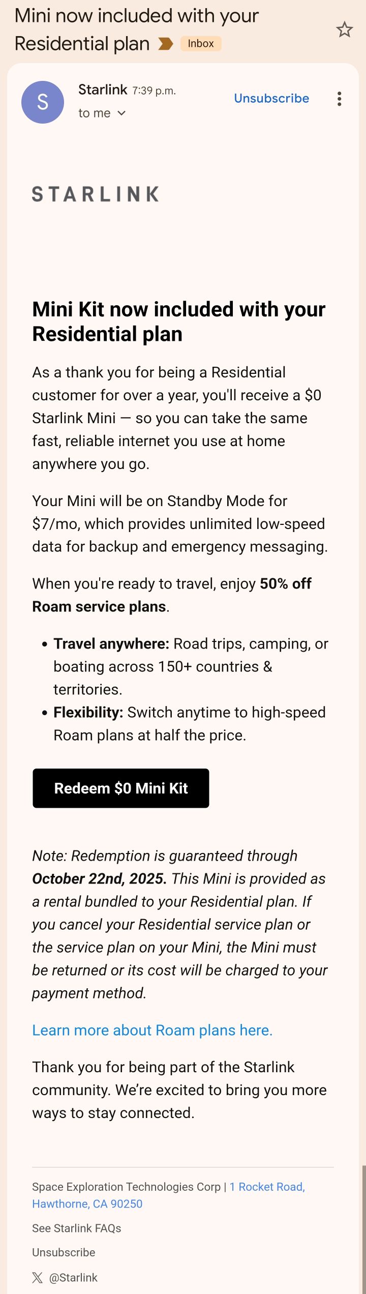 SpaceX is sending out a surprise email to some longtime Residential customers, offering them a free Mini Kit. (Image source: Mathew Manuel Santos on Facebook)