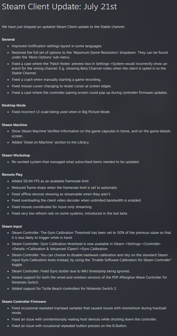 The official Steam update patch notes.