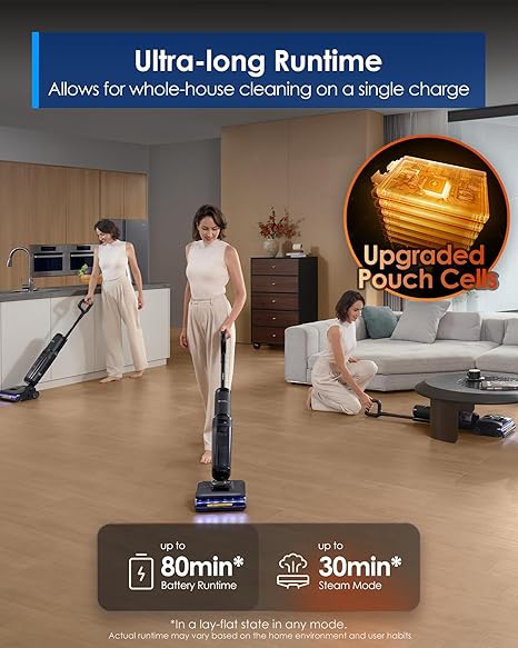 The Tineco Floor One S7 Stretch Steam floor washer offers 80 minutes of runtime on a single charge (Image source: Tineco)