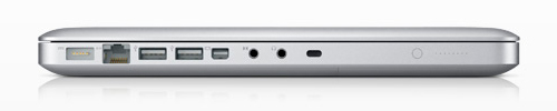 Left Side: MagSafe (power), Gigabit LAN, 2x USB 2.0, Mini DisplayPort, Line-In (analogue / optical), Headphones and Line-Out (analogue / optical), Kensington Lock, Battery indicator LEDs