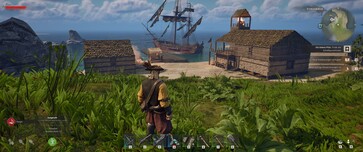 Pictured: A base in Windrose. The pirate ship lies at anchor.