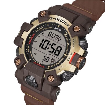Angled view of the G-Shock Mudman GW-9500MH-5 showcasing its duplex LCD and light yellow and brown color scheme. 