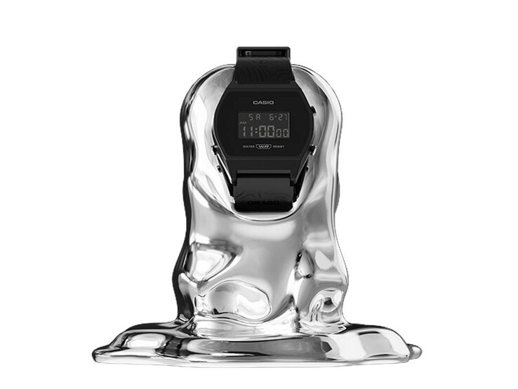 Casio x GRAGG LW-204GRAGG-1BDF digital watch mounted on a sculptural silver display stand against a white background.