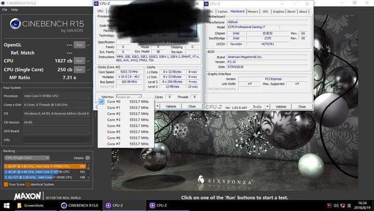 Intel Core i7-9700K Cinebench R15 showing 5.5 GHz on all cores. (Source: Wccftech)