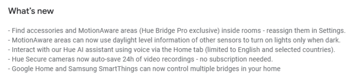 The release notes for Philips Hue app version 5.54. (Image source: Google Play Store)
