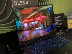 Razer Blade 16 at GDC 2025 running Cyberpunk 2077 with DLSS 4 active (Image source: Notebookcheck)