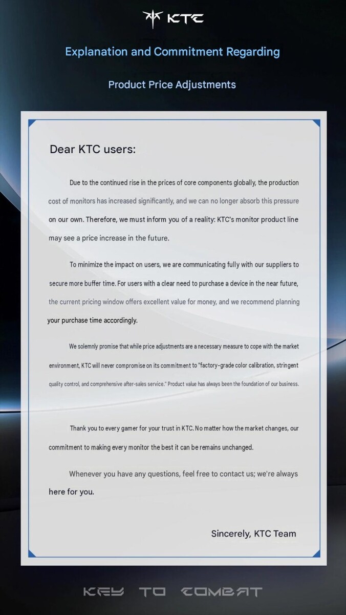 The image shows KTC's public announcement that it will be introducing price adjustments for its products in the coming future.