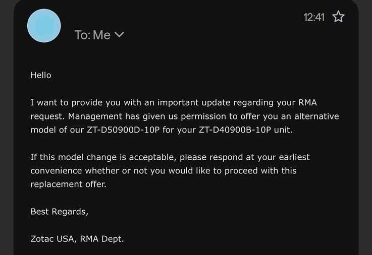 Zotac customer service message to Prudent_Echidna1254.