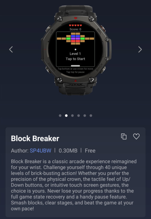 The Block Breaker Mini App for Amazfit smartwatches