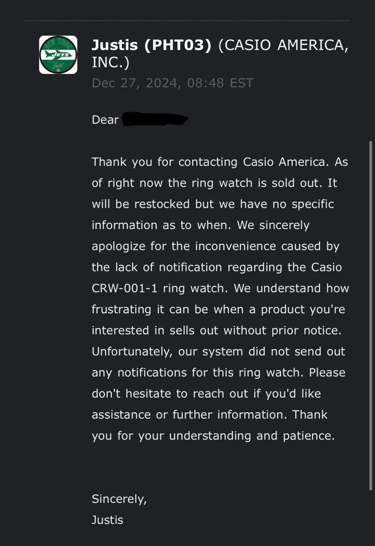 Email correspondence from Casio America. (Image source: u/Temporary_Airline_58 via Reddit)