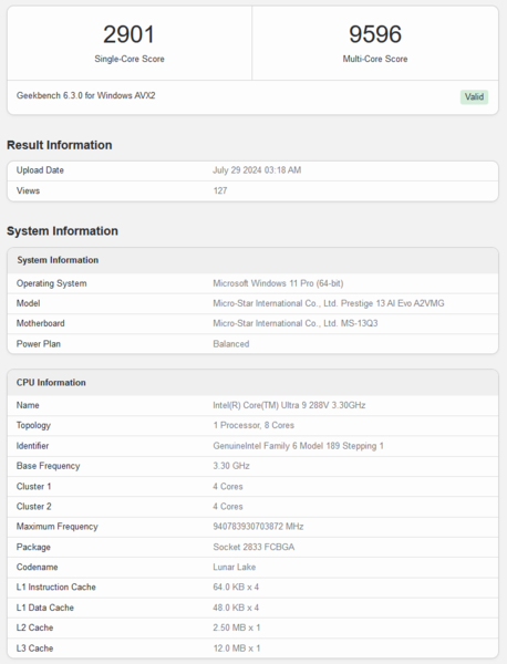 Intel Core Ultra 9 288V Geekbench score (image source: Geekbench)