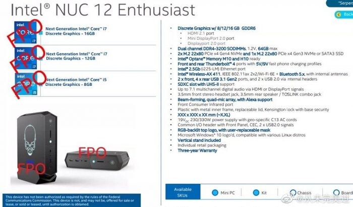 Rumoured Intel NUC 12 Enthusiast specifications. (Image source: FanlessTech)