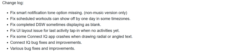 The change log for Garmin software version 22.24 for the Forerunner 165 smartwatch. (Image source: Garmin)