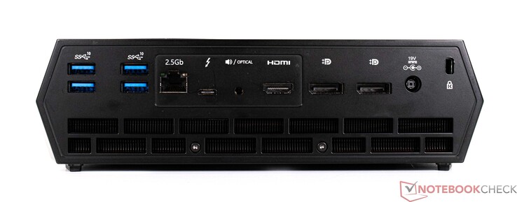 Back: 4x USB Type-A, 2.5G LAN, 1x USB Type-C, Toslink, HDMI (4K60), 2x DisplayPort 1.4, power connection, Kensington Lock