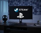 Steam and PlayStation logos shown on PC monitor