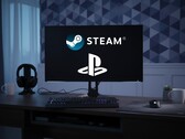 Steam and PlayStation logos shown on PC monitor