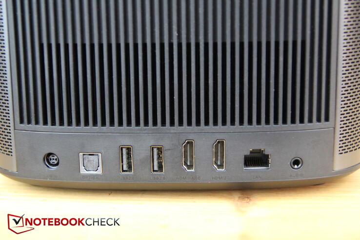 Rear: Power, 2x USB-A 2.0, HDMI1 with ARC, HDMI2, LAN, audio jack