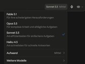 Screenshot of the Claude.ai model picker with Sonnet 5.5 selected