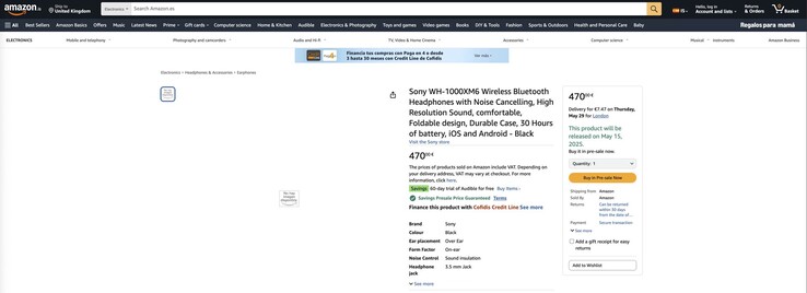 Previously leaked: Amazon Spain's listing for the Sony WH-1000XM6, which has since been taken down. (Image source: Amazon Spain)