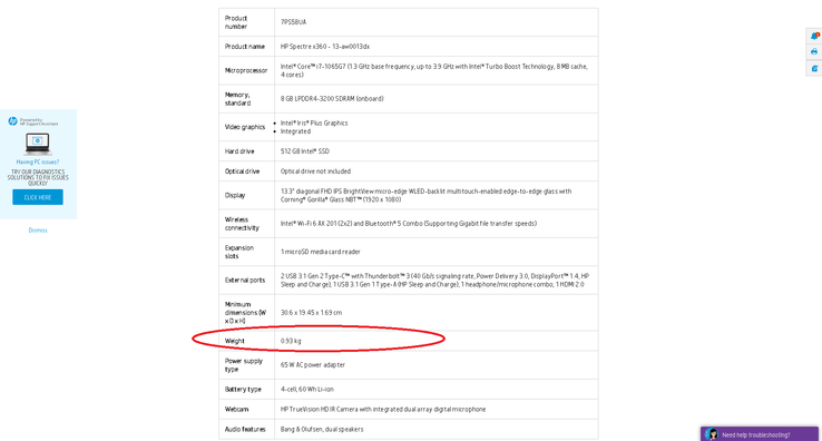 Screenshot of official HP specifications page claiming a weight of just 0.93 kg