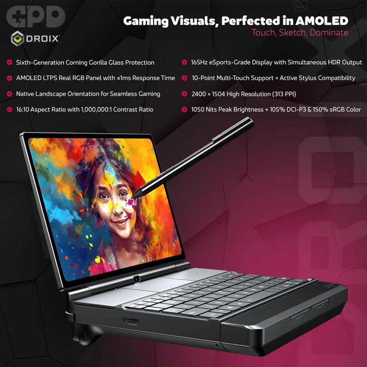 The GPD Win Max 3 gaming hanheld features a 9.06-inch AMOLED display with 165 Hz refresh rate.