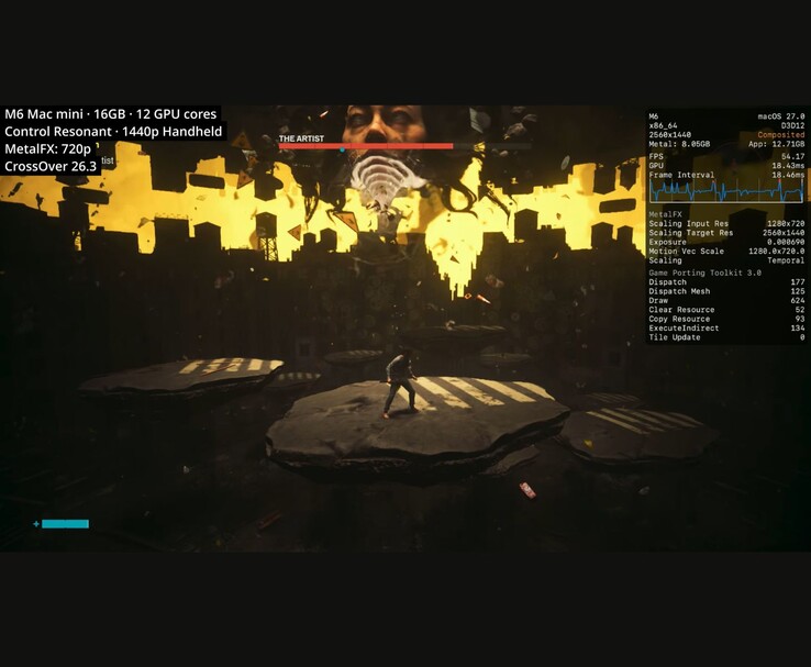 Control Resonant running on a 16 GB M6 Mac mini through CrossOver at 1440p handheld settings.