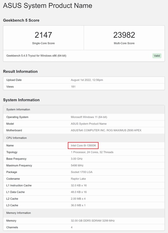 Intel Core i9-13900K. (Image source: Geekbench)