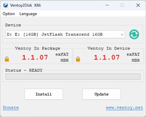 Start Ventoy - choose stick - install
