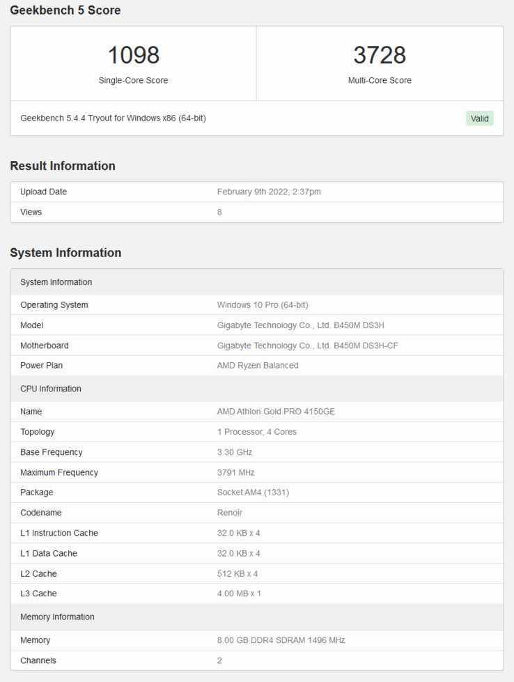 AMD Athlon Gold PRO 4150GE on Geekbench (image via Geekbench)