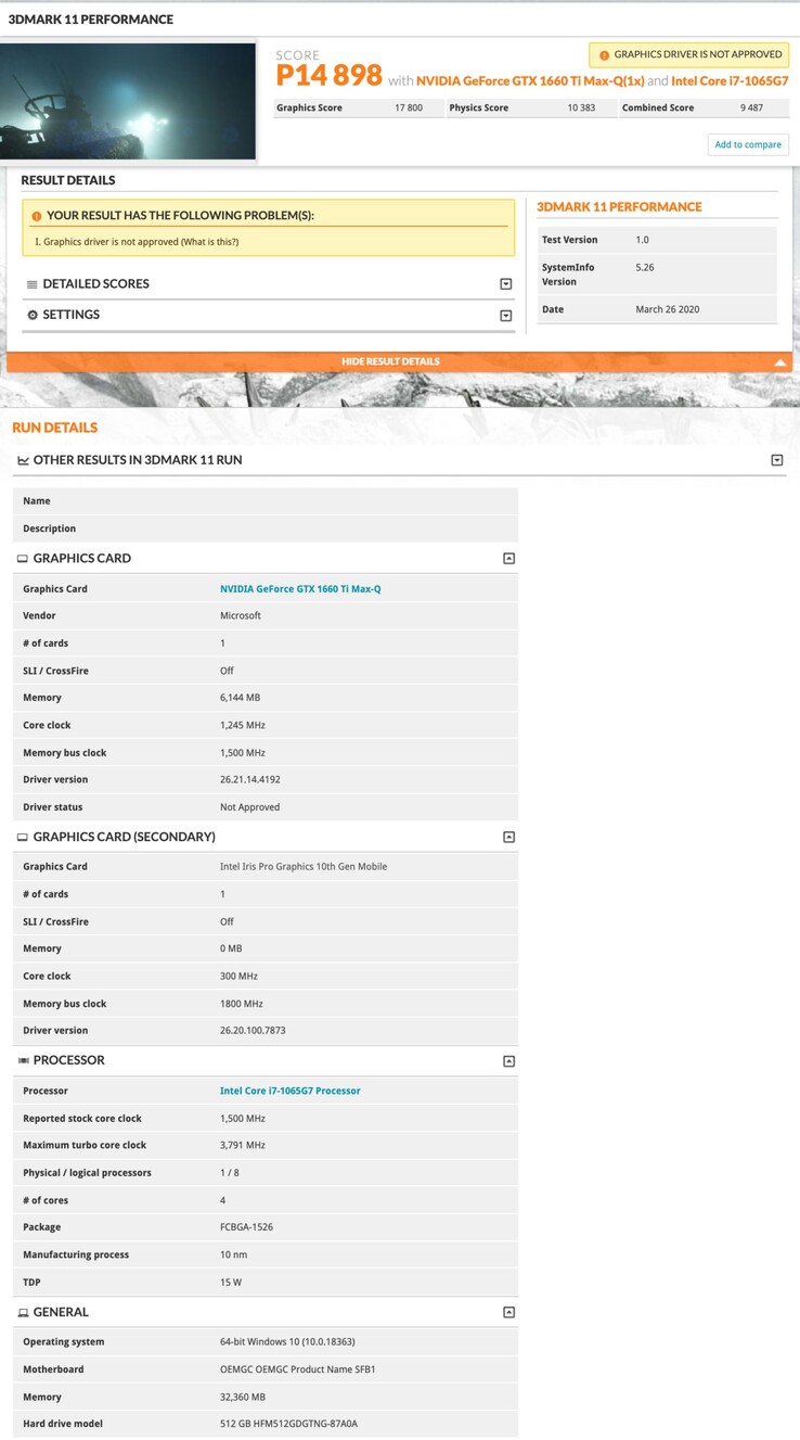 The "OEMGC OEMGC Product Name SFB1" with a Core i7-1065G7. (Image source: 3DMark via @_rogame)