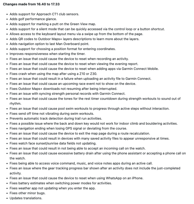 The release notes for Garmin Venu X1 software version 17.33