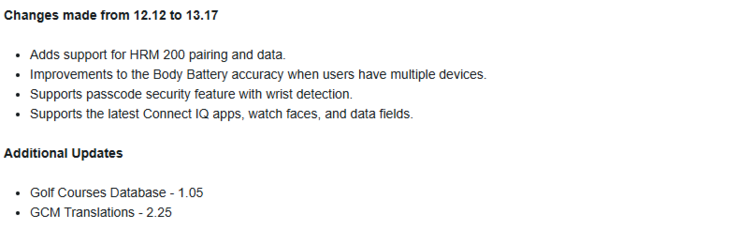 The release notes for software version 13.17 for the Garmin Venu 3 and vivoactive 5 smartwatches. (Image source: Garmin)