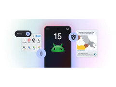 A promotional image for Google's Android 15 that displays some of its key features against a gradient background. (Image Source: Google)