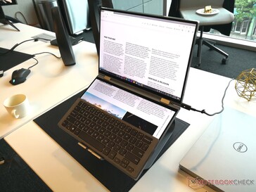When the keyboard is attached to the bottom portion of a screen, the smaller secondary screen can behave like the Asus ZenBook Pro Duo. Note that the display is being as a "backlight" for the keyboard keys