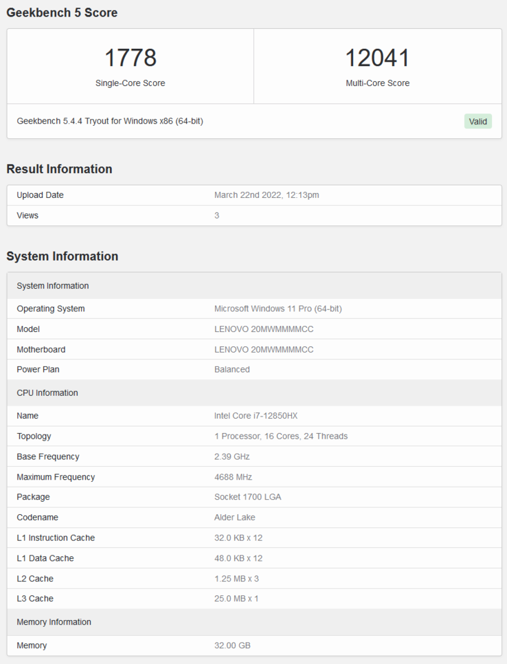 Intel Core i7-12850HX Geekbench score (image via Geekbench)