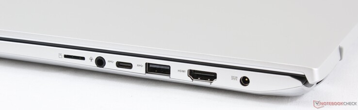 Right: MicroSD reader, 3.5 mm combo, USB Type-C Gen. 1, USB 3.0, HDMI, AC adapter