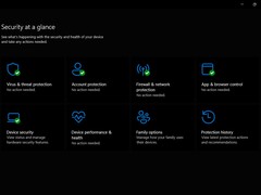 The Windows Security app dashboard showing the Security at a glance menu.