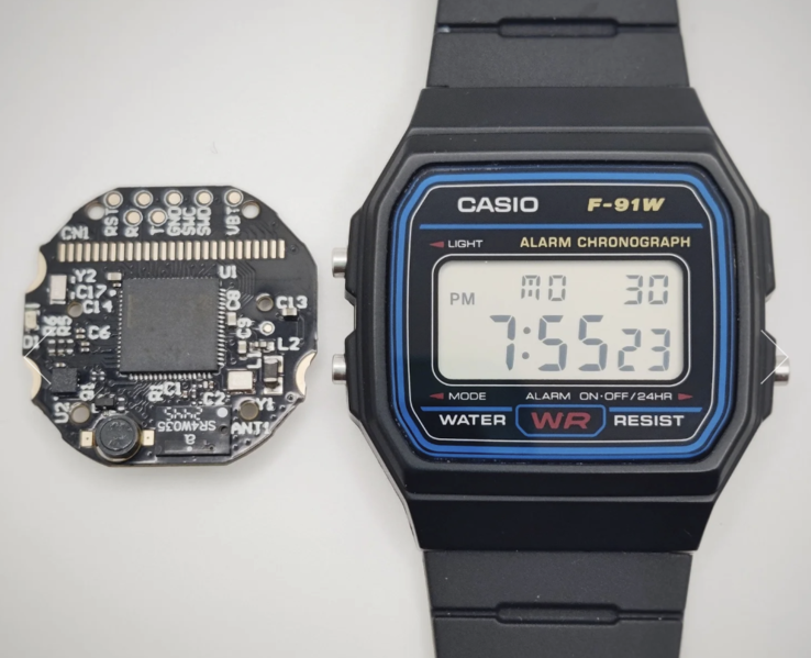The Ollee PCB alongside the Casio F-91W. (Image source: OlleeWatch)