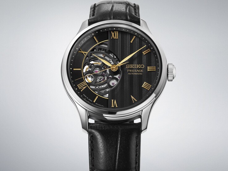 Seiko Presage Japanese Garden HCB008 shown from an angled view with its stainless steel case, black dial, and black leather strap.