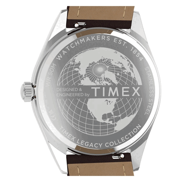 Rear view of the Timex Legacy Day and Date, showing its stainless steel caseback with a globe engraving, Timex branding, and brown leather strap.