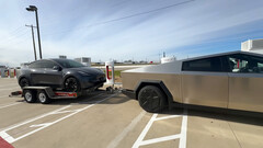 Cybertruck towing another Tesla in a range test (image: VoyageATX/YT)