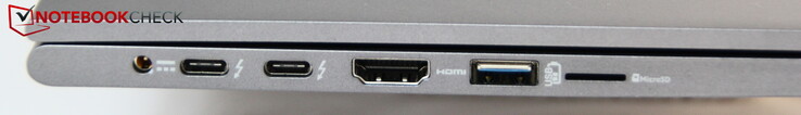 Left: power, 2x USB-C, HDMI, USB-A, microSD
