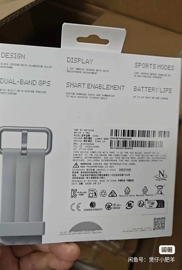 Some specs of Nothing's new smartwatch are found on the back of the retail box (Image source: Reddit, via Chinese Smartwatches)