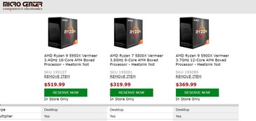 Current prices of Zen 3 AMD Ryzen CPUs on Micro Center. (Source: Micro Center)